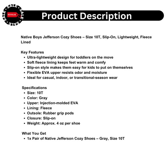 Native Boys Jefferson Cozy Shoes – Size 10T, Slip-On, Lightweight, Fleece‎ Lined - Picture 2 of 6